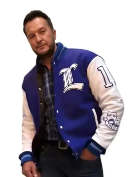 Luke Bryan American Idol 2026 Varsity Jacket crafted in blue and white wool with leather sleeves, rib knitted cuffs and a confident everyday varsity fit.