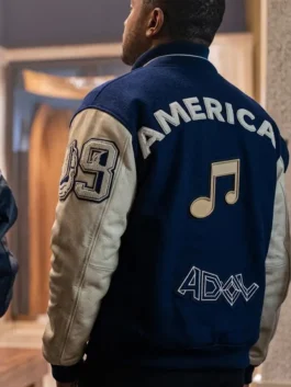Luke Bryan American Idol 2026 Varsity Jacket back view in blue and white wool with leather sleeves and a clean bold varsity silhouette.