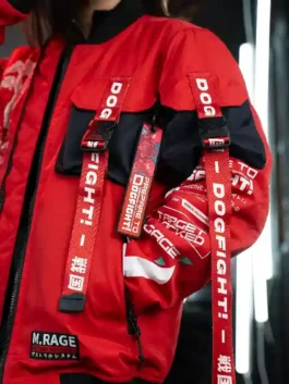 Boomslank M.RAGE Dogfight Sengoku Edition Jacket front view in professional red with luxury tactical buckles.