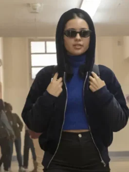 Maddy Perez Euphoria Suede Jacket highlighting professional pocket architecture and full length sleeves.