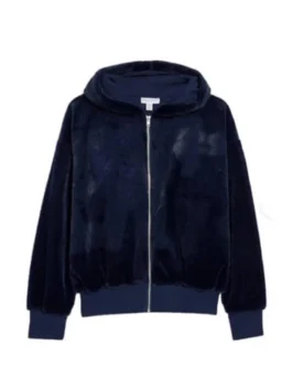 Maddy Perez Euphoria Suede Jacket in premium dark blue suede with a luxury zipper closure.