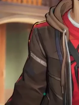 Peter Parker The Photographer Jacket from the Marvel Rivals game as Spider-Man in dark brown leather with a hooded collar and a sharp everyday zip-up look.