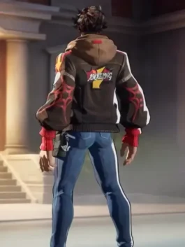 Peter Parker The Photographer Jacket back view in dark brown leather with a clean structured hooded silhouette and bold Marvel Rivals graphic detailing throughout.