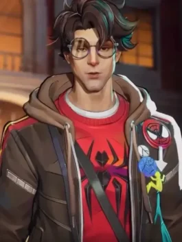 Peter Parker The Photographer Jacket front view in dark brown leather with a hooded collar and Peter Parker's iconic Marvel Rivals Season 7.5 presence.