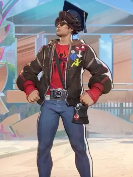 Peter Parker The Photographer Jacket from Marvel Rivals Season 7.5 in dark brown leather with a hooded collar and a sharp everyday zip-up silhouette.