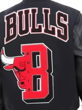 Chicago Bulls Mashup Black Varsity Jacket highlighting professional wool grain and luxury rib knitted cuffs.