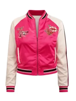 Linfiltree Maxime Varsity Jacket as worn by Ahmed Sylla in bold pink and white satin with a rib knitted collar and a sharp varsity zip-up build.