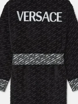 Pat Bode Black With Grey Versace Bathrobe featuring professional fabric panels and a luxury belted closure.