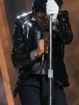 Michael 2026 Jaafar Jackson Sequin Blazer featuring professional fabric panels and a luxury open style closure.