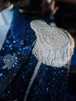 Michael Jaafar Jackson Blue Sequin Jacket highlighting professional sequin grain and luxury wide lapel collar.