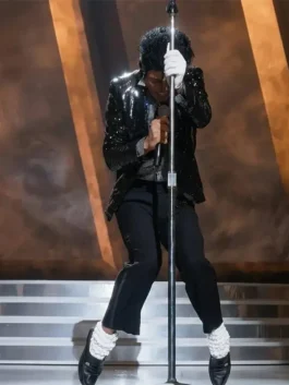 Michael 2026 Jaafar Jackson Sequin Blazer highlighting professional sequin grain and luxury tailored cuffs.