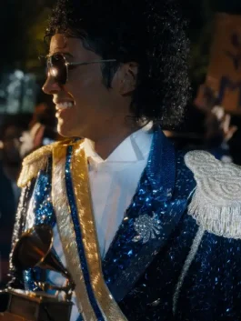 Michael Jaafar Jackson Blue Sequin Jacket highlighting professional blue finish and luxury buttoned front.