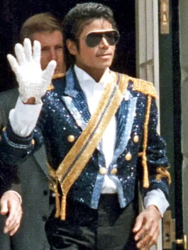 Michael Jaafar Jackson Blue Sequin Jacket front view in professional sapphire sequin with luxury wide lapel design.
