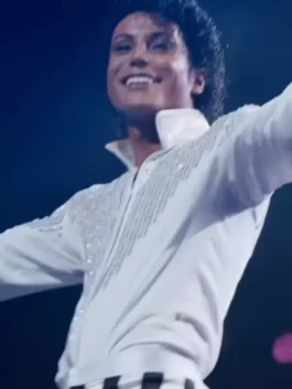 Michael Jaafar Jackson Embroidered White Jacket back view highlighting professional embroidery and full length sleeves.