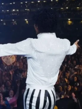 Michael Jaafar Jackson Embroidered White Jacket featuring professional fabric panels and snap tab button closure.