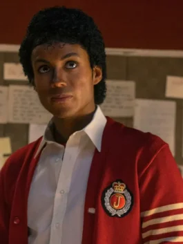 Michael Jaafar Jackson Red Cardigan front view highlighting professional fabric grain and luxury rib knitted cuffs.