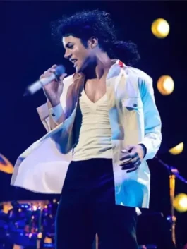 Michael Jaafar Jackson White Jacket highlighting professional cotton grain and luxury buttoned cuffs.