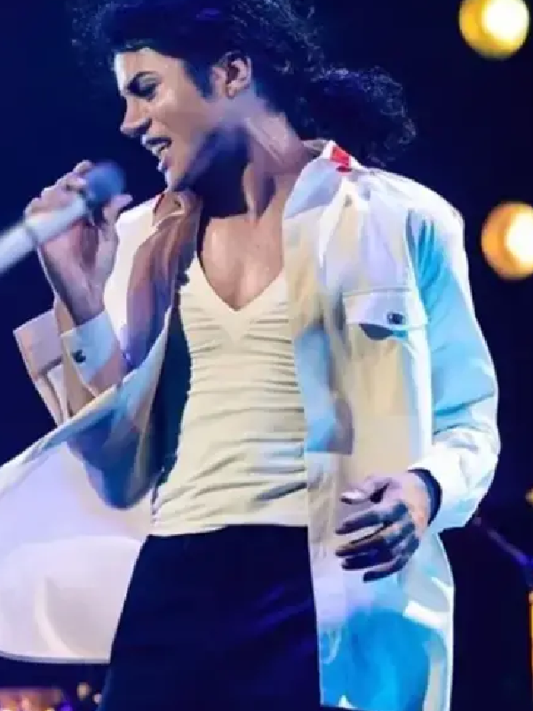 Michael Jaafar Jackson White Jacket front view with luxury buttoned closure and professional front pockets.