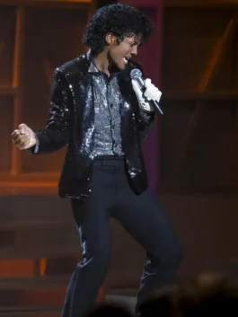 Michael 2026 Jaafar Jackson Sequin Blazer in professional black glint with luxury lapel style design.