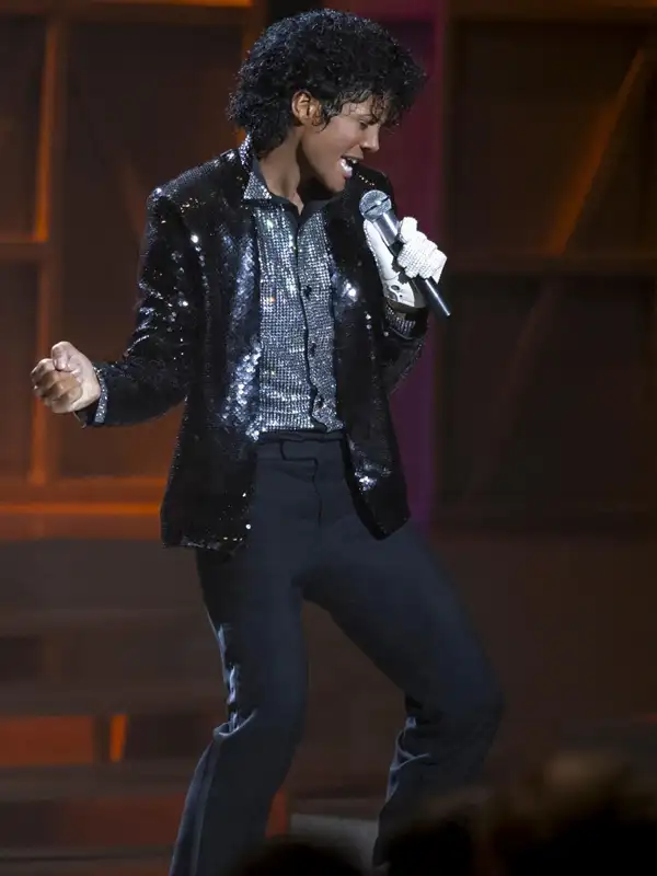 Michael 2026 Jaafar Jackson Sequin Blazer in professional black glint with luxury lapel style design.