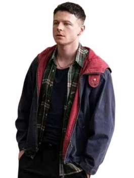 Half Man Mitchell Robertson Hooded Jacket from the TV series in striking blue and red parachute with a hooded collar and a sharp everyday zip-up character build.