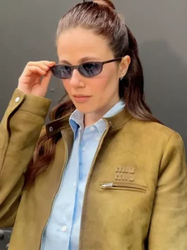 Molly Gordon NYC 2026 Brown Suede Jacket featuring a professional zipper closure and luxury brown finish.