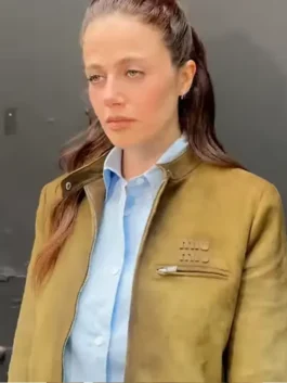 Molly Gordon NYC 2026 Brown Suede Jacket showcasing professional suede grain and luxury zipper track.