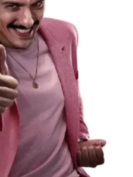 Street Fighter Andrew Schulz Wool Blazer in bold pink wool with a clean lapel collar and Andrew Schulz's hilariously confident Street Fighter 2026 presence.