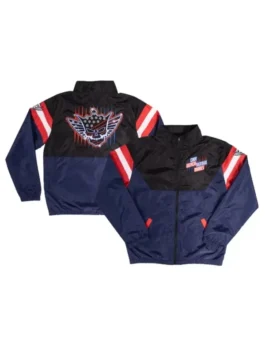 Street Fighter 2026 Cody Rhodes Parachute Jacket American Nightmare edition in navy and black parachute with a sharp stand up collar and zip-up build.