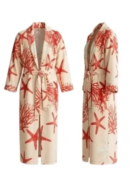Street Fighter 2026 Noah Centineo Star Fish Print Robe in beige cotton with red coral starfish print and a relaxed shawl lapel belted silhouette.