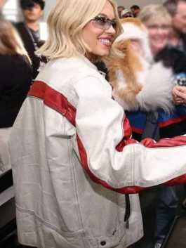 NASCAR Championship Sydney Sweeney White Jacket back view in crisp white leather with bold red accents and a clean structured racing-inspired silhouette.