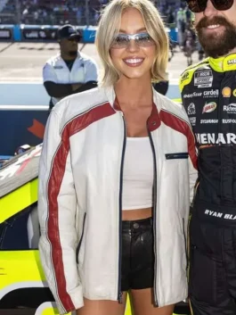 NASCAR Championship Sydney Sweeney White Jacket front view in bold white leather with red accents, snap tab collar and a sharp everyday racing silhouette.