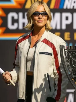 NASCAR Championship Sydney Sweeney White Jacket in premium white leather with bold red accents, zipper cuffs and a sharp racing-inspired zip-up everyday build.
