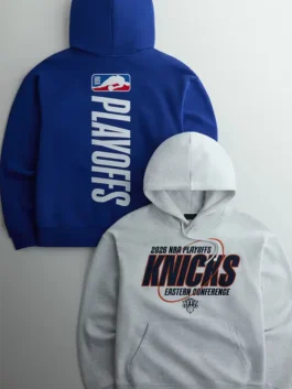 Kith New York Knicks NBA Playoffs Hoodie highlighting professional cotton grain and luxury kangaroo pockets.