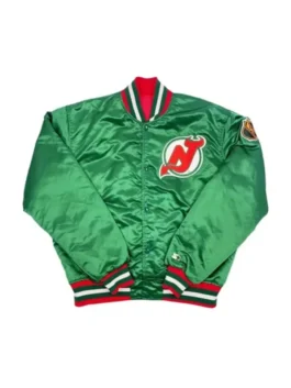 New Jersey Devils 90s Retro Green Jacket showcasing professional fabric grain and luxury rib knitted cuffs.