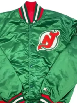 New Jersey Devils 90s Retro Green Jacket in professional emerald satin with luxury rib knitted collar.