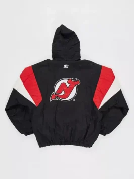 New Jersey Devils Sunny Mehta Starter Jacket back view in bold black nylon with striking red and white accents and a clean structured hooded everyday silhouette.