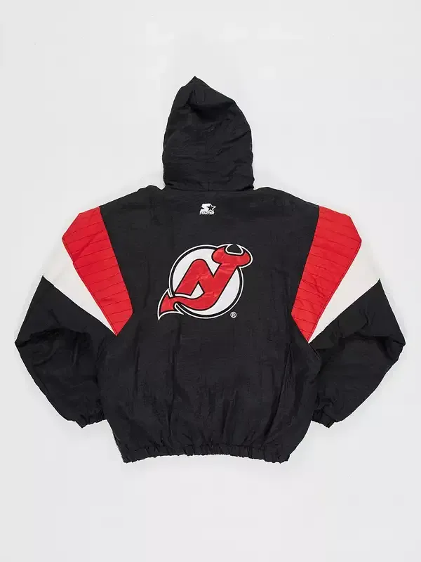 New Jersey Devils Sunny Mehta Starter Jacket back view in bold black nylon with striking red and white accents and a clean structured hooded everyday silhouette.