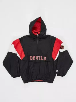 New Jersey Devils Sunny Mehta Starter Jacket front view in black nylon with bold red and white accents and a clean hooded half zip silhouette.