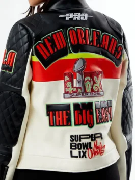NFL Super Bowl LIX Pinnacle Moto Leather Jacket women's edition in premium real leather with a stand up collar and a sharp bold Super Bowl 59 fan moto build.