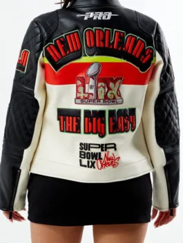 NFL Super Bowl LIX Pinnacle Moto Leather Jacket back view in premium real leather with bold Super Bowl LIX detailing and a clean moto structured silhouette.