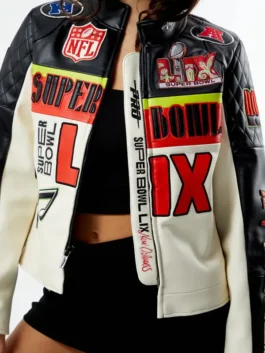 NFL Super Bowl LIX Pinnacle Moto Leather Jacket front view in premium real leather with a stand up collar and a sharp everyday moto zip-up fan silhouette.