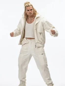 Noah Centineo Street Fighter 2026 Hooded Jacket in clean white wool with a stand up hooded collar and Ken Masters's bold Street Fighter 2026 presence.