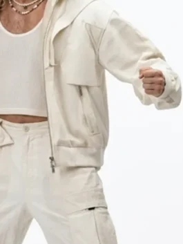 Noah Centineo Street Fighter 2026 Hooded Jacket in crisp white wool with a stand up hooded collar, zipper closure and Ken Masters's sharp Street Fighter silhouette.
