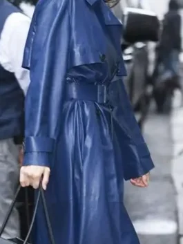 Kendall Jenner Blue Leather Coat as spotted in NYC 2025 in bold blue real leather with a lapel collar and Kendall's effortless street style presence.