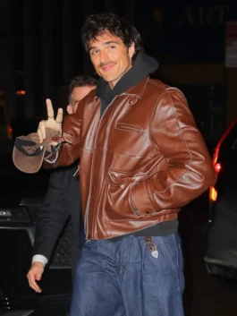 NYC Jacob Elordi Brown Leather Jacket showcasing professional leather grain and luxury dual closure.