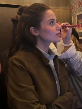 Molly Gordon NYC 2026 Brown Suede Jacket in professional brown suede with a luxury erect collar.