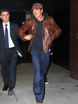 NYC Jacob Elordi Brown Leather Jacket in professional brown real leather with a luxury shirt style collar.