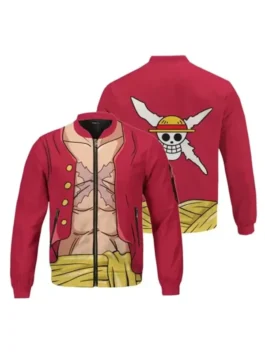 One Piece Luffy Jacket in professional polyester with luxury rib knitted collar and vivid pirate colors.