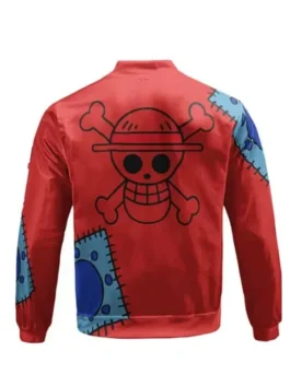 One Piece Luffy Jacket back view highlighting professional red panels and luxury tailored stitching.